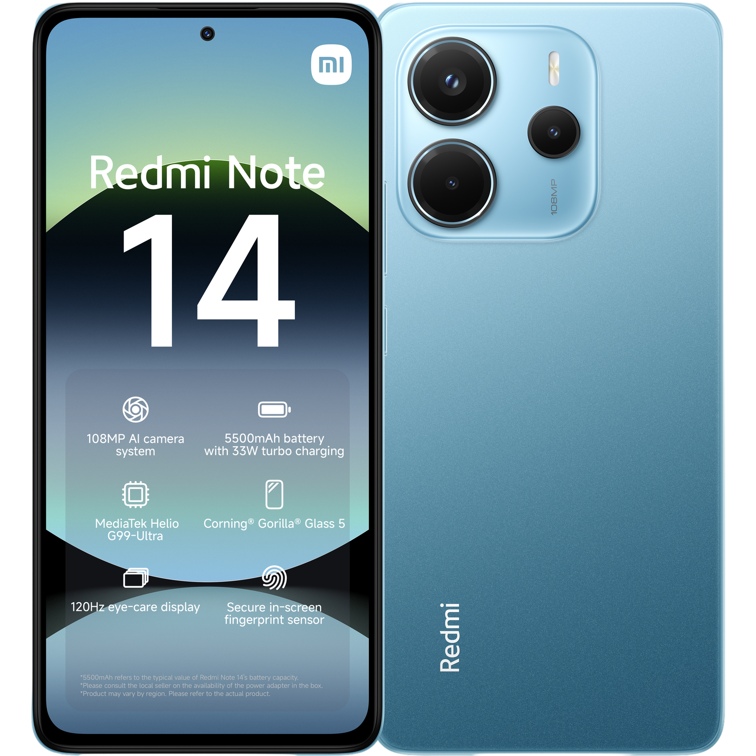 Téléphone Redmi Note 14 bleu, avec trois caméras à l'arrière et un écran affichant des informations.