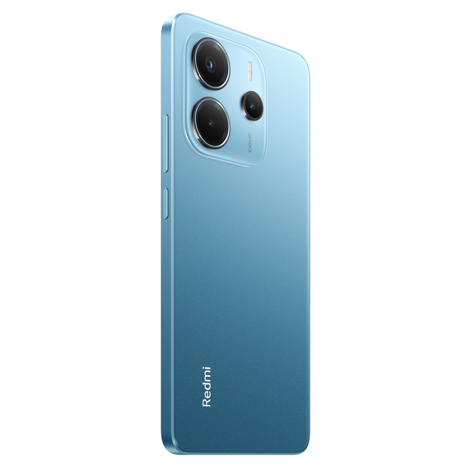 Smartphone bleu clair avec trois caméras à l'arrière et le logo Redmi.