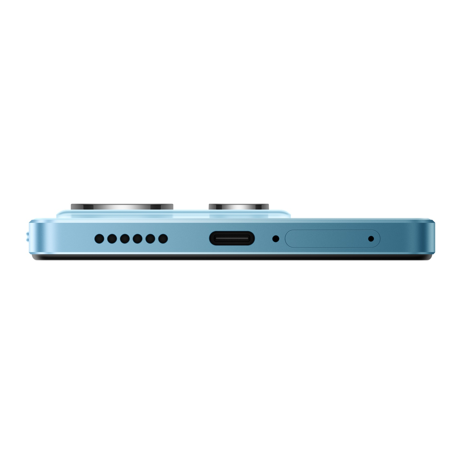 Téléphone bleu clair vu d'en bas, avec port de charge, haut-parleurs et autres fonctionnalités.
