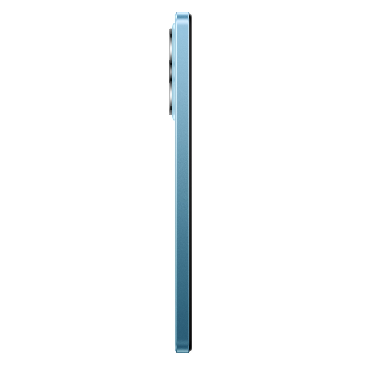 Smartphone bleu, vue latérale sur fond blanc, design élégant.