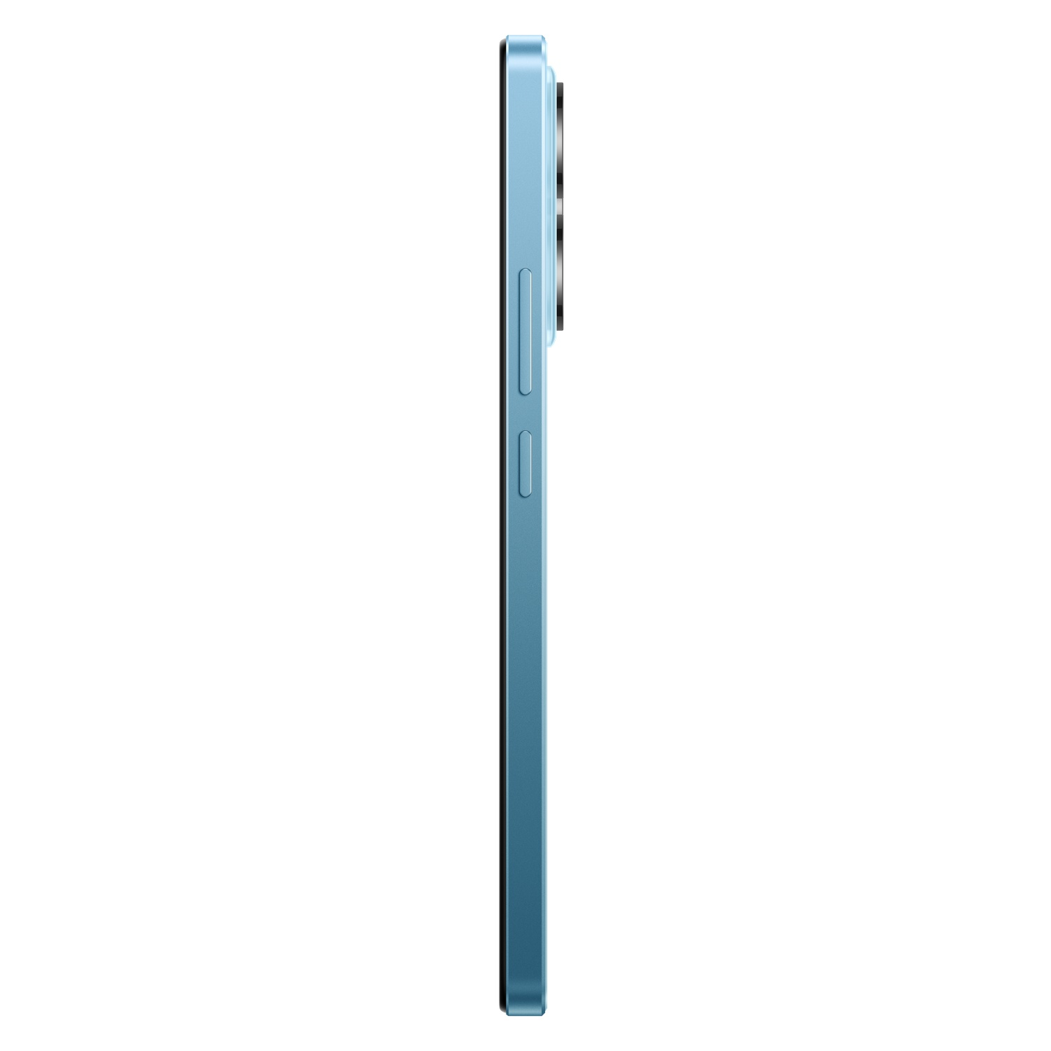 Vue latérale d'un smartphone bleu, montrant le bord avec les boutons et la bosse de la caméra.