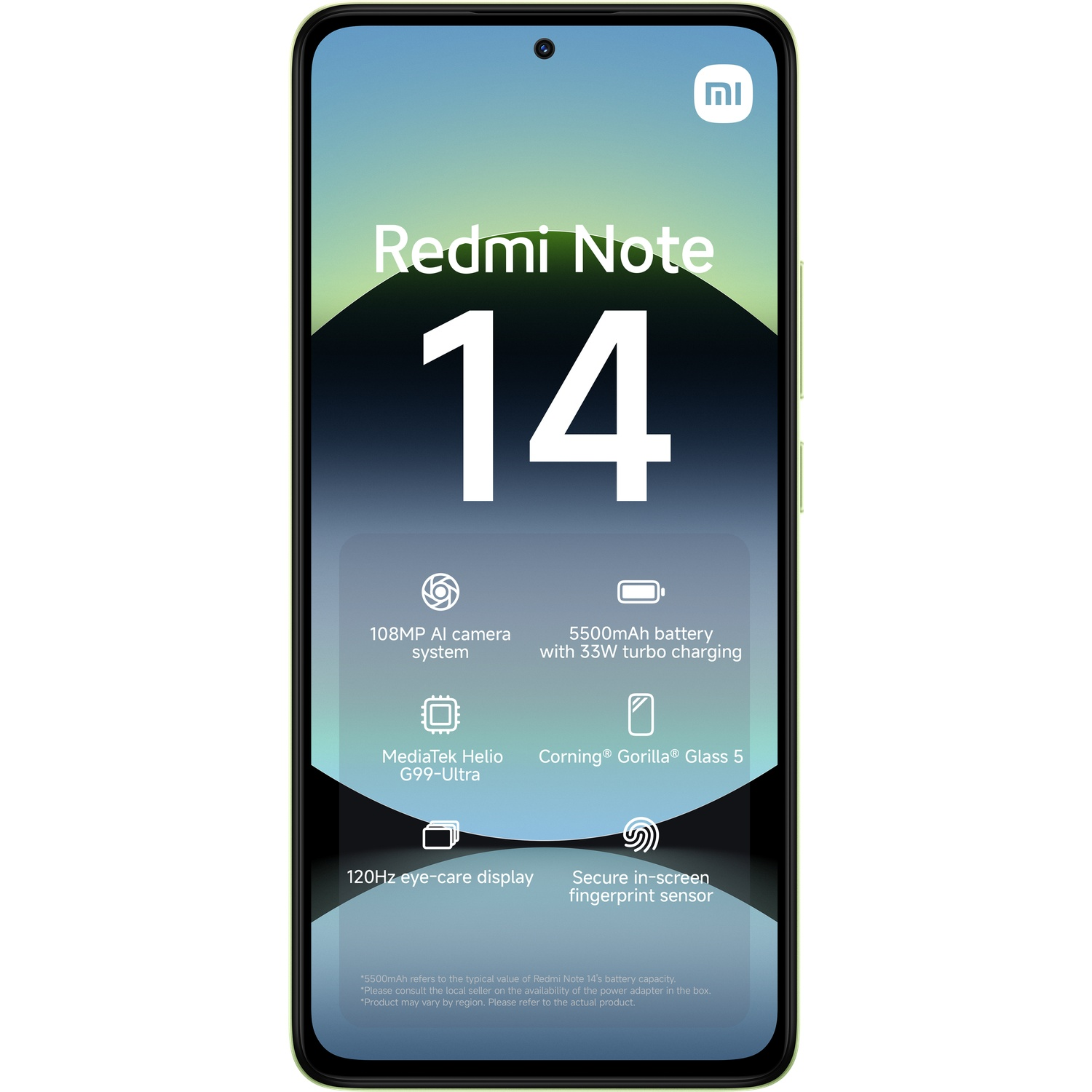 A smartphone screen displaying the Redmi Note 14 with features like AI camera and a 5500mAh battery.