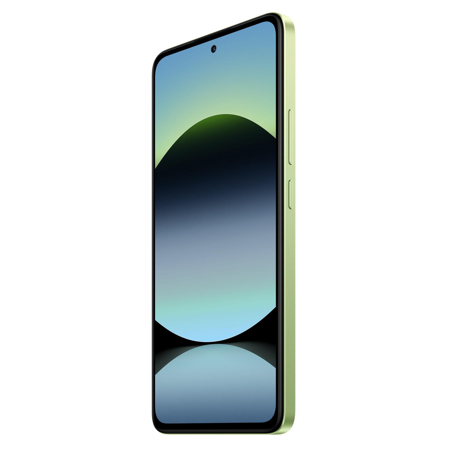 Green smartphone, angled view, with a screen displaying colors, power button.