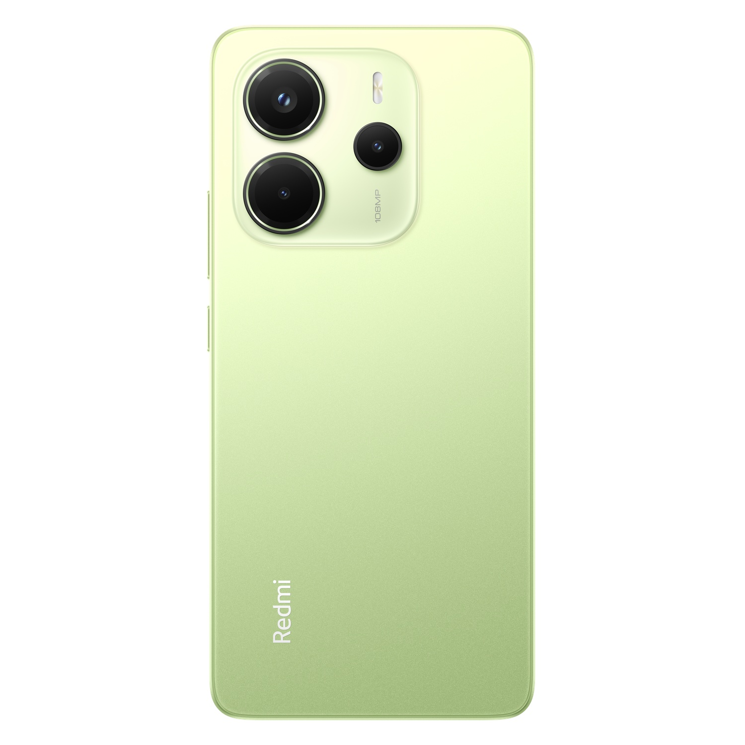 Light green phone back with cameras and the Redmi logo.