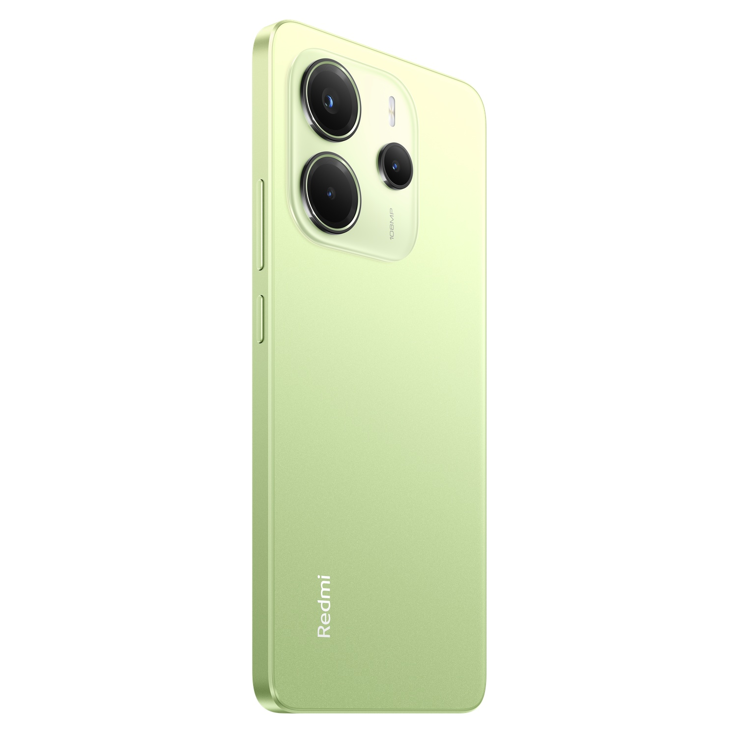 A light green smartphone with three cameras is shown from the back.