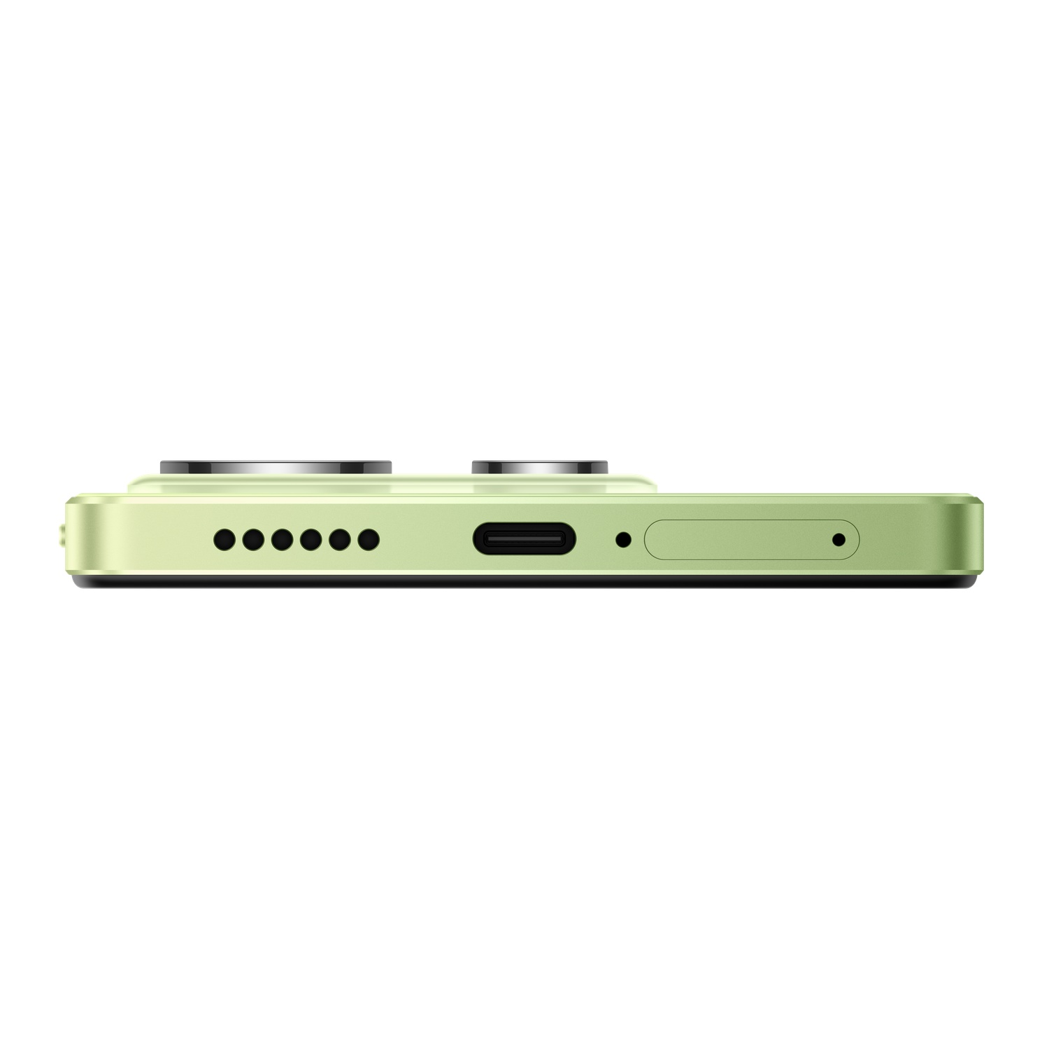 Green phone, side view. Shows buttons, ports, and camera lenses.