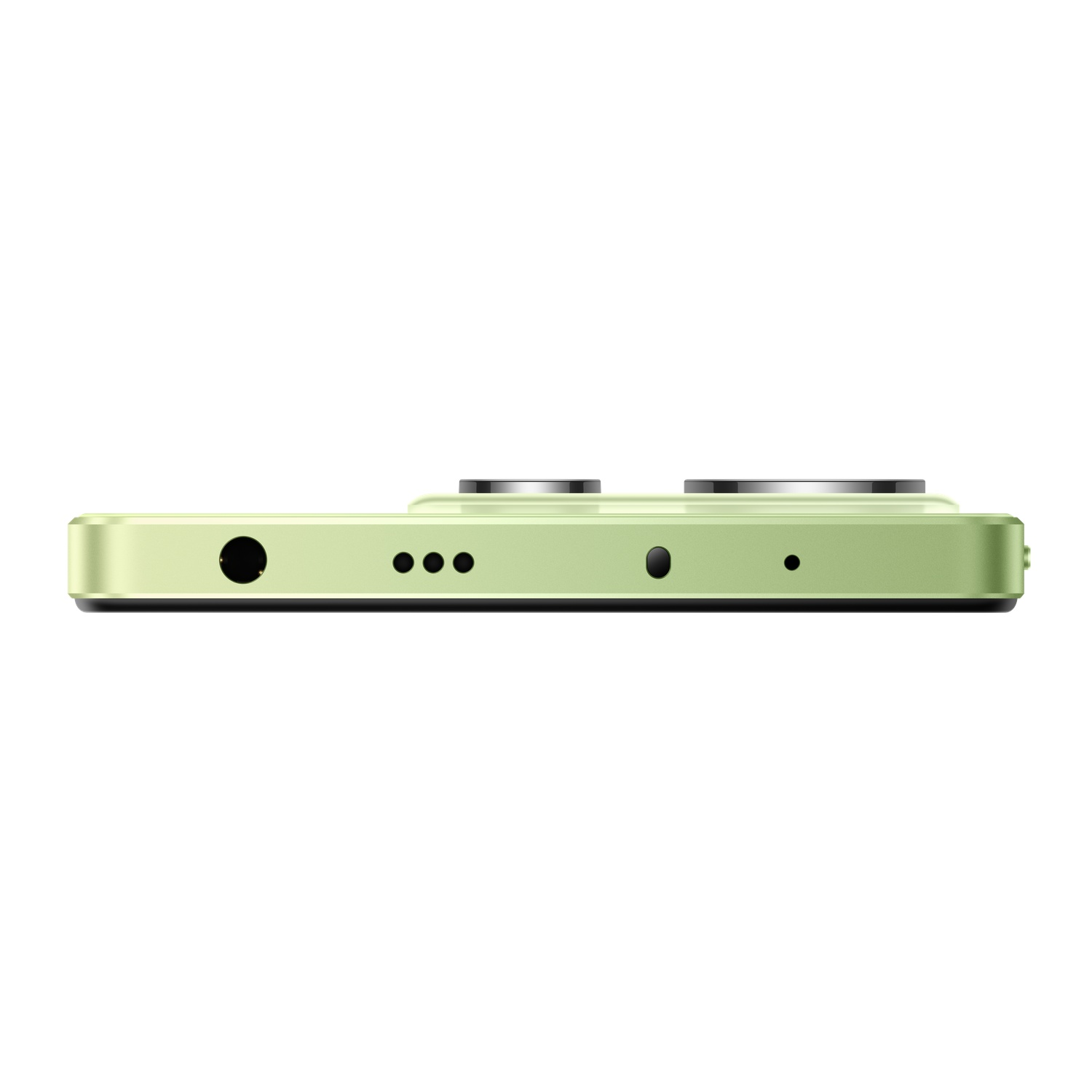 Green smartphone's bottom edge. Features a headphone jack, microphone holes, and USB-C port.