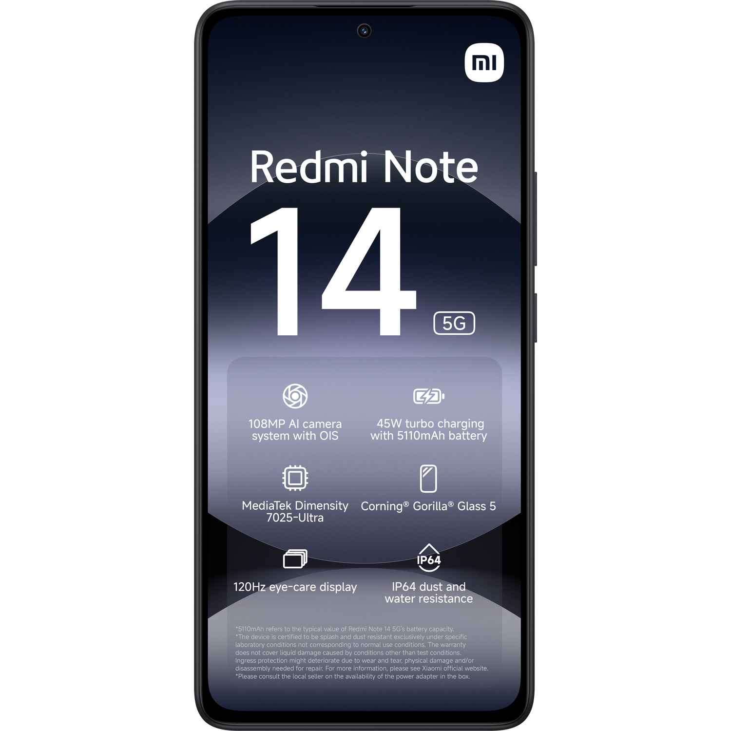 Redmi Note 14 phone, black, features listed on screen. White background.