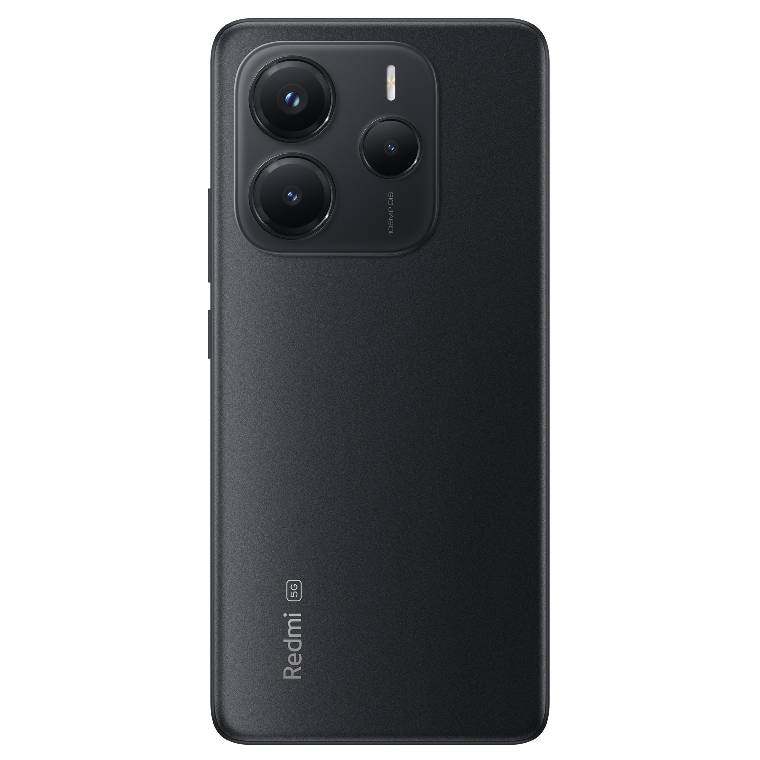 Back of a black smartphone with three cameras and the Redmi logo.