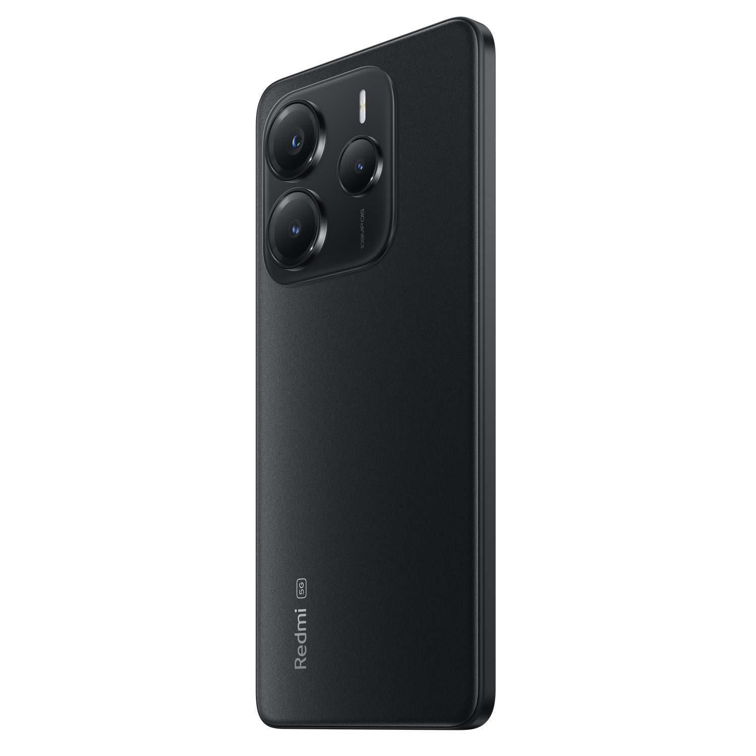 Black smartphone with three rear cameras, the Redmi 5G logo, and a black back. Side view.
