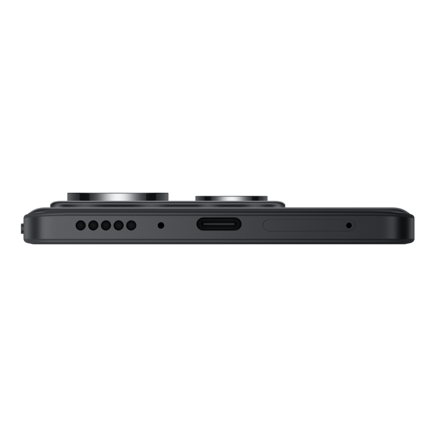 A black smartphone, side view. Features buttons and a charging port.