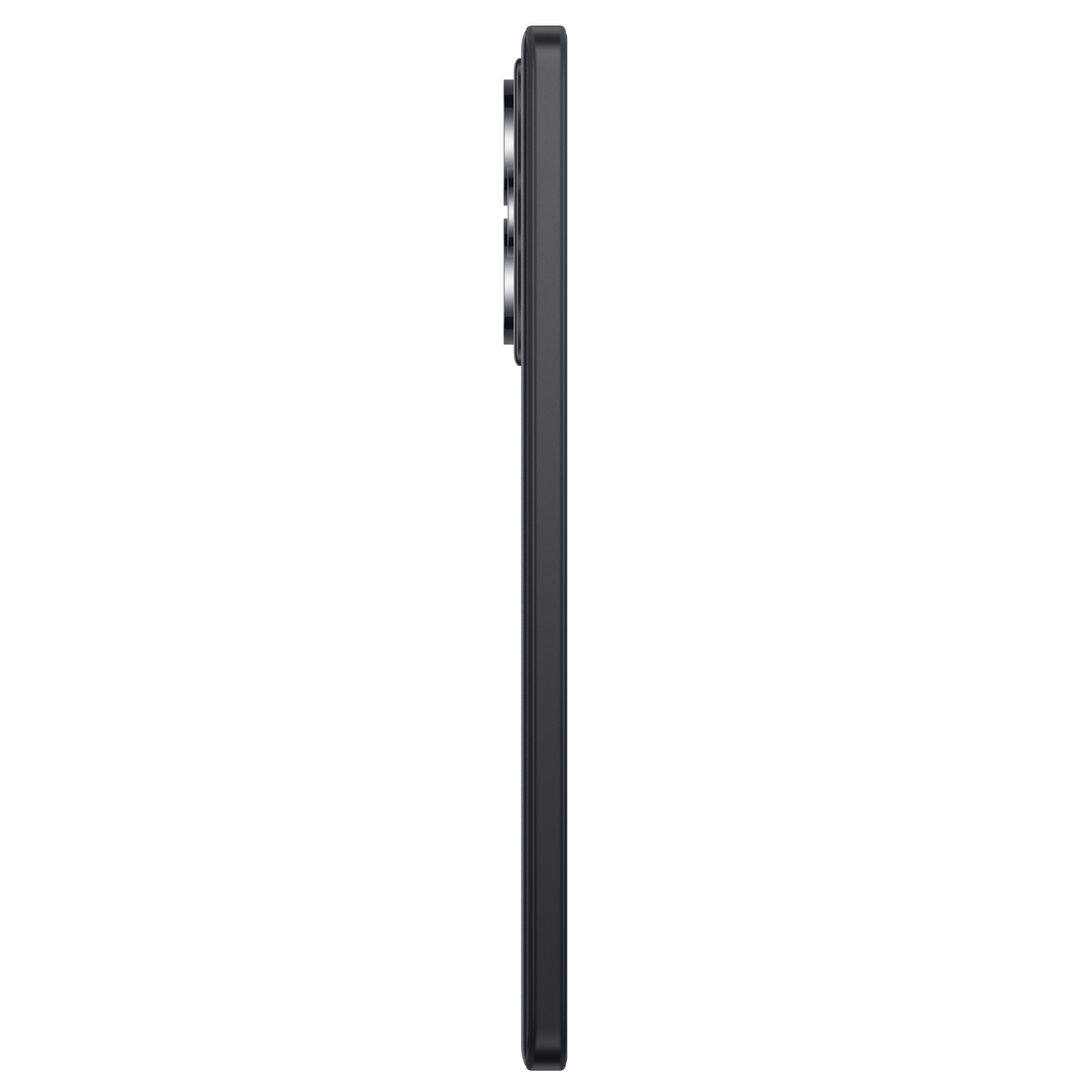 Side view of a black smartphone with camera module, on a white background.