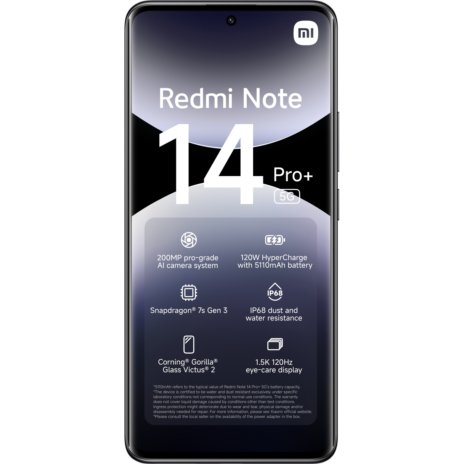 Téléphone Redmi Note 14 Pro+ 5G avec des fonctionnalités affichées sur son écran.