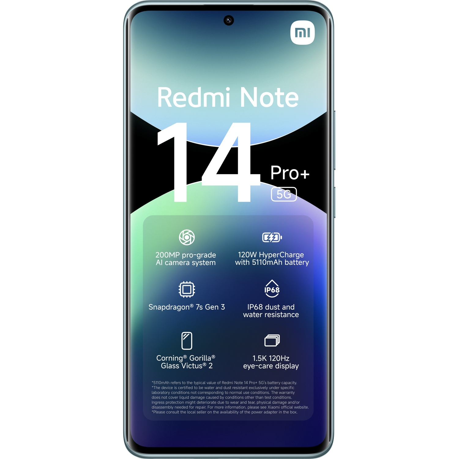 Smartphone screen with text and icons. Blue-green device. White background.
