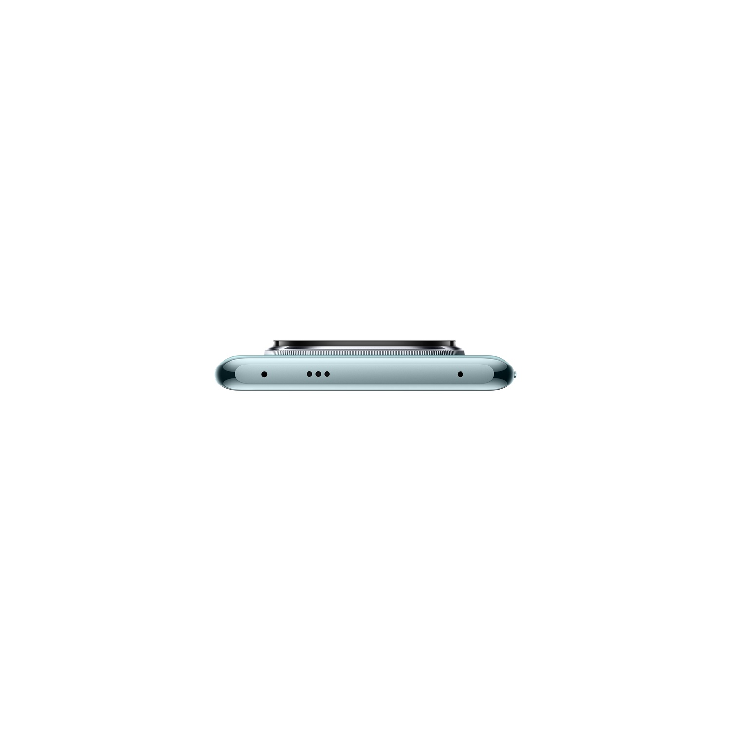 A smartphone from the bottom view. It is light blue with speakers and charging port.