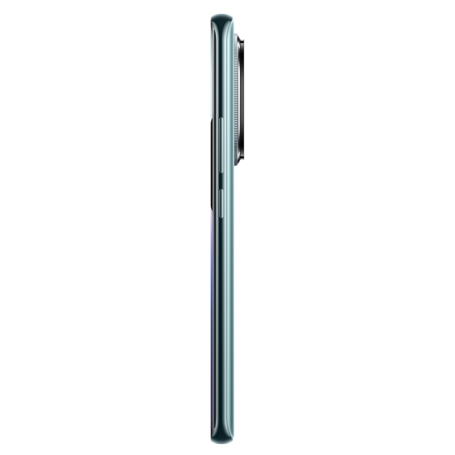 Side view of a teal smartphone.