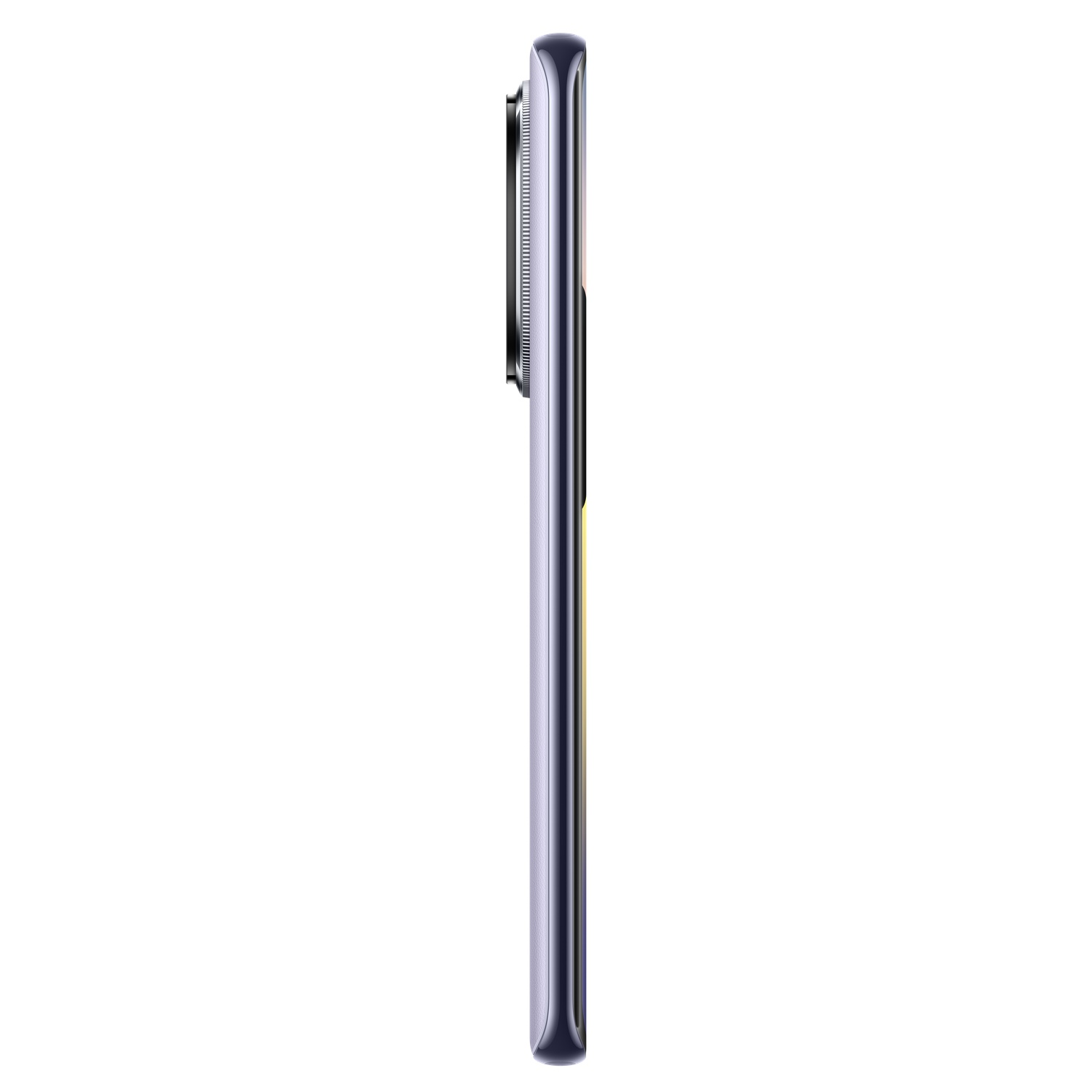 Side view of a phone. It has a purple frame and a camera bump. White background.