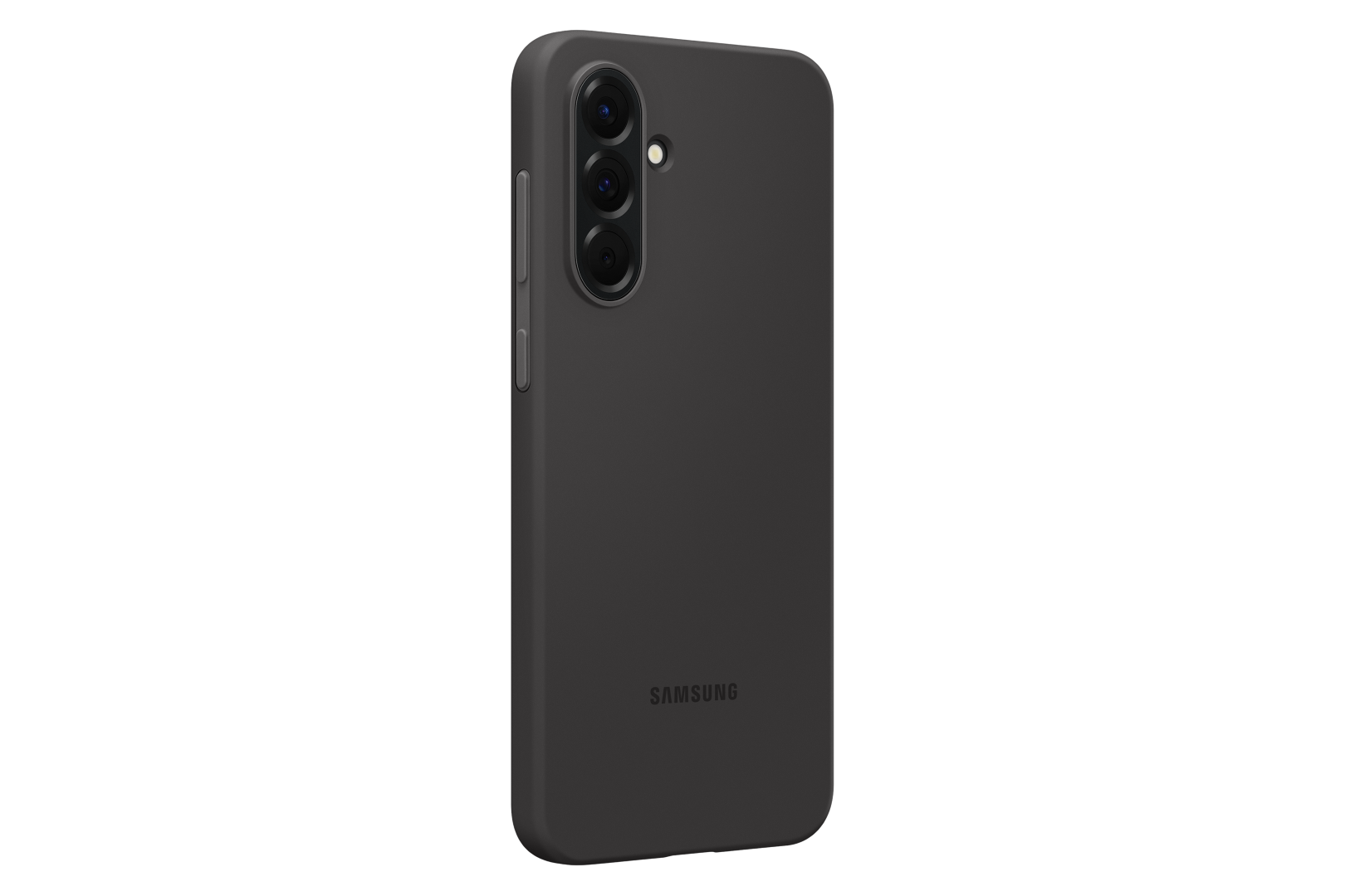 Ciemnoszare etui na telefon z obiektywami aparatu na czarnym tle. Logo Samsung na dole.