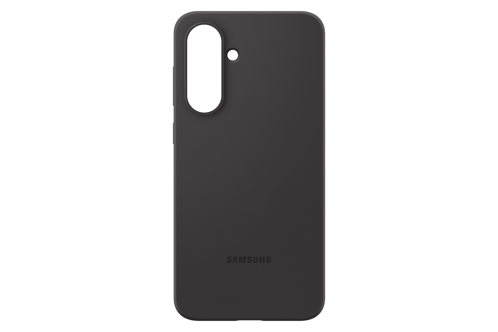 Ciemnoszare etui na telefon. Ma wycięcie na aparat i logo Samsung.