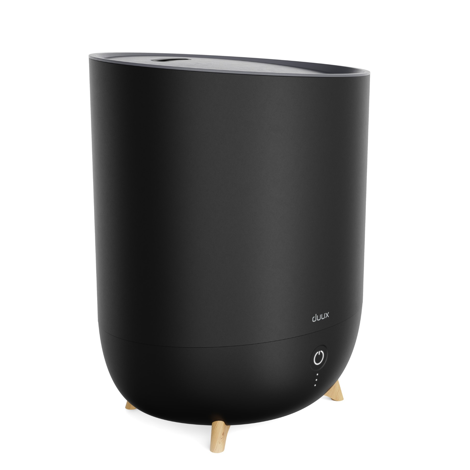 Black humidifier with wooden legs and a power button. The 'duux' logo is visible.