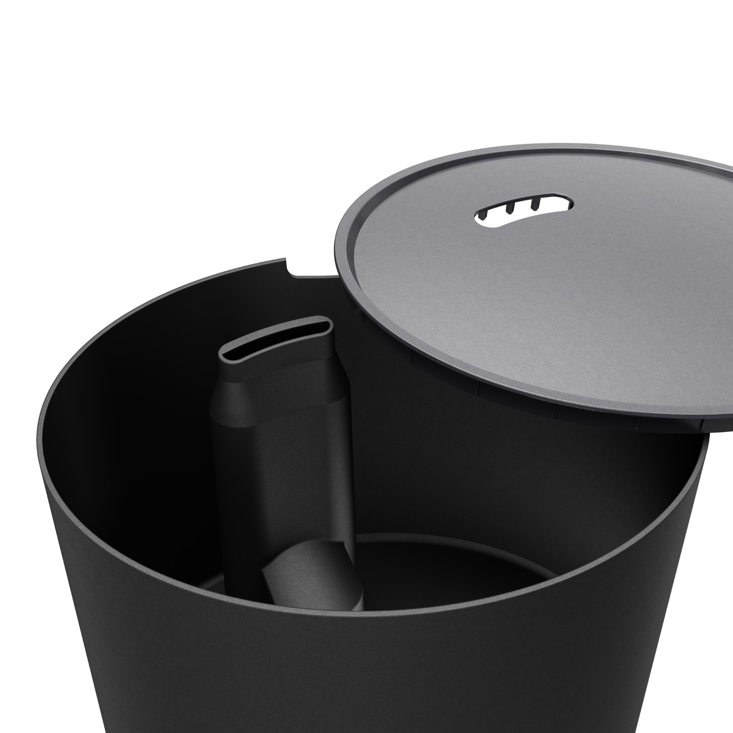 Black trash can with lid open, revealing the inside and a nozzle.