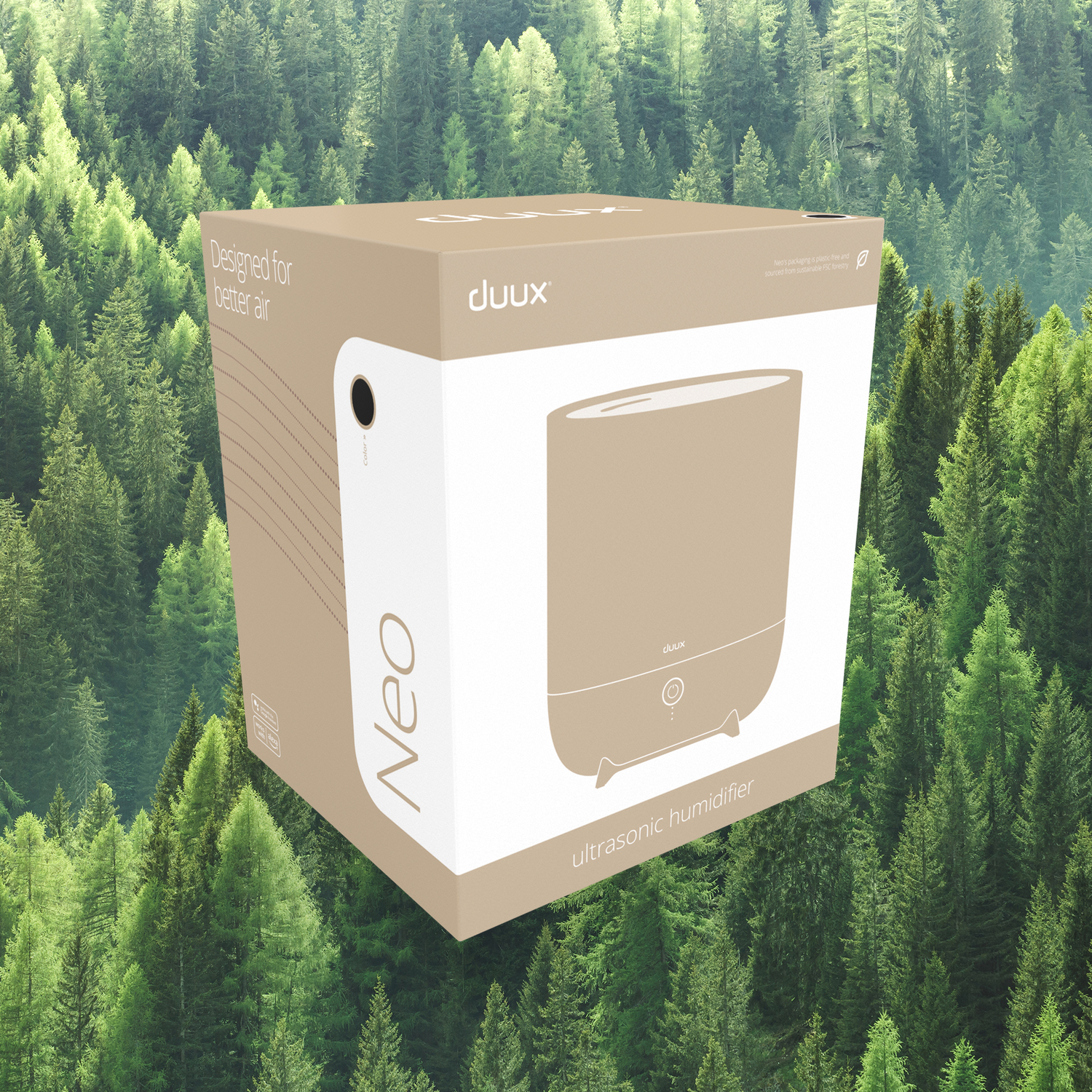 Humidifier box in front of a forest. The box is white and brown with the word Neo on it.