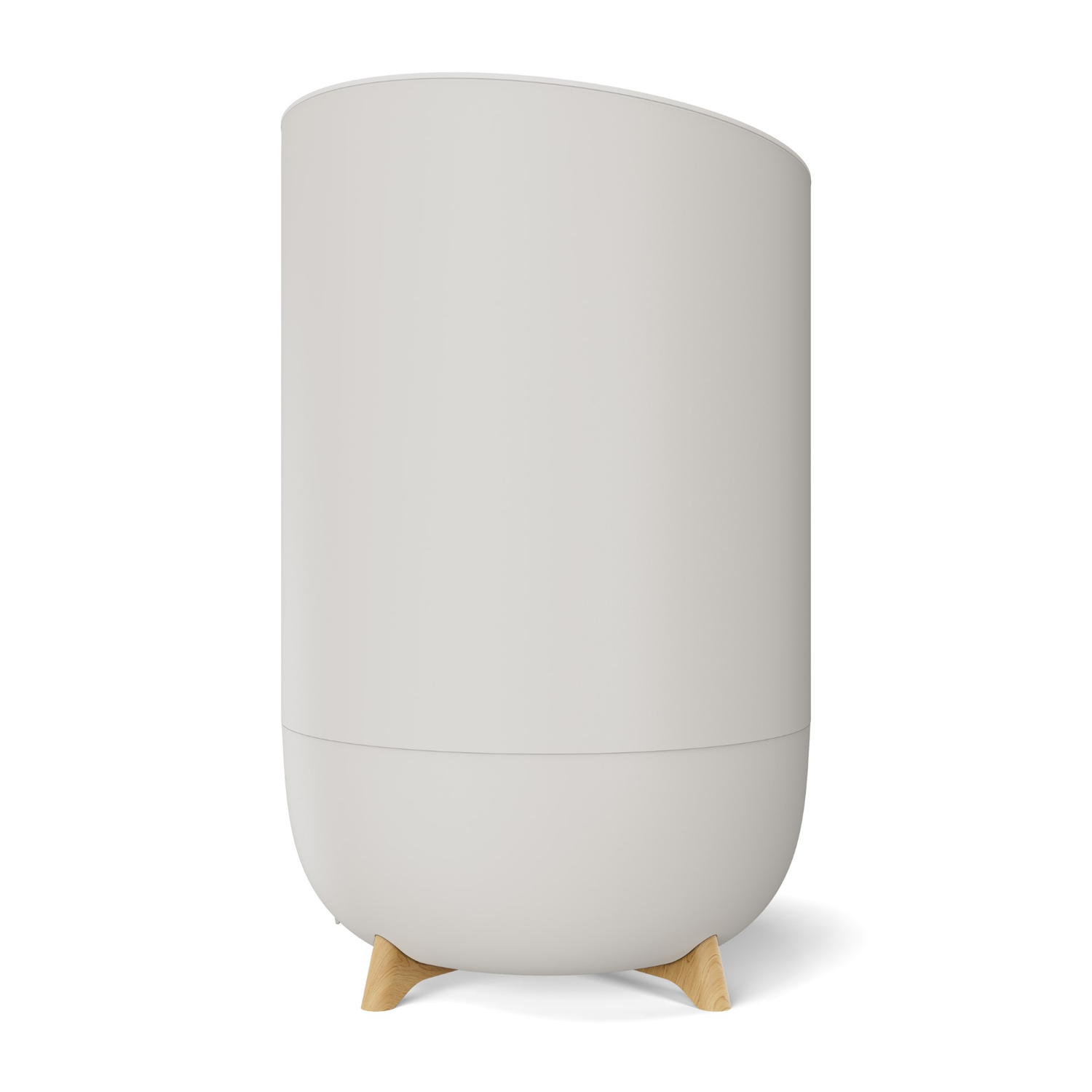 A white humidifier with a rounded top and wooden legs.