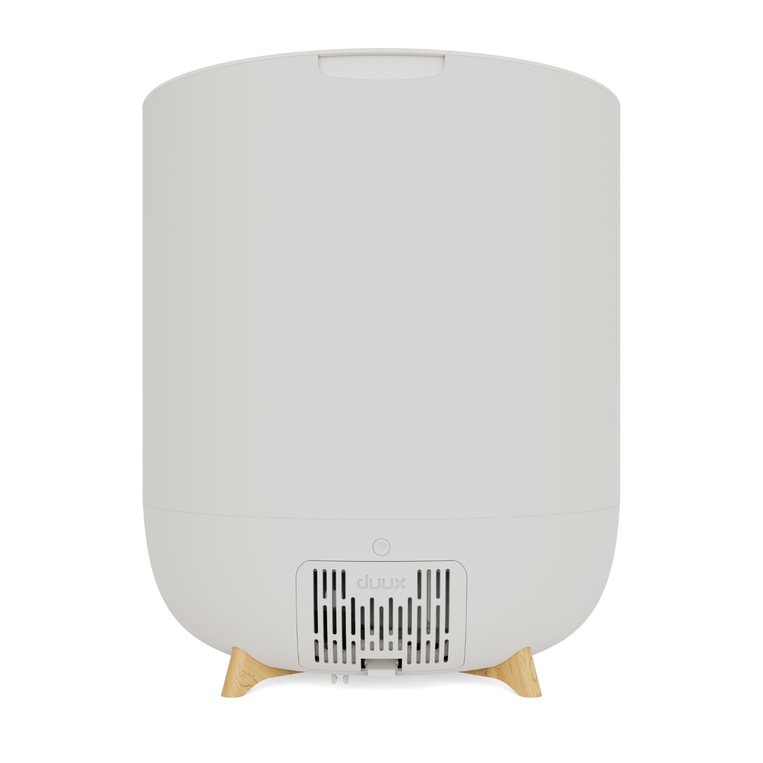 A white humidifier. It is cylindrical with a wooden base and a vent at the bottom.