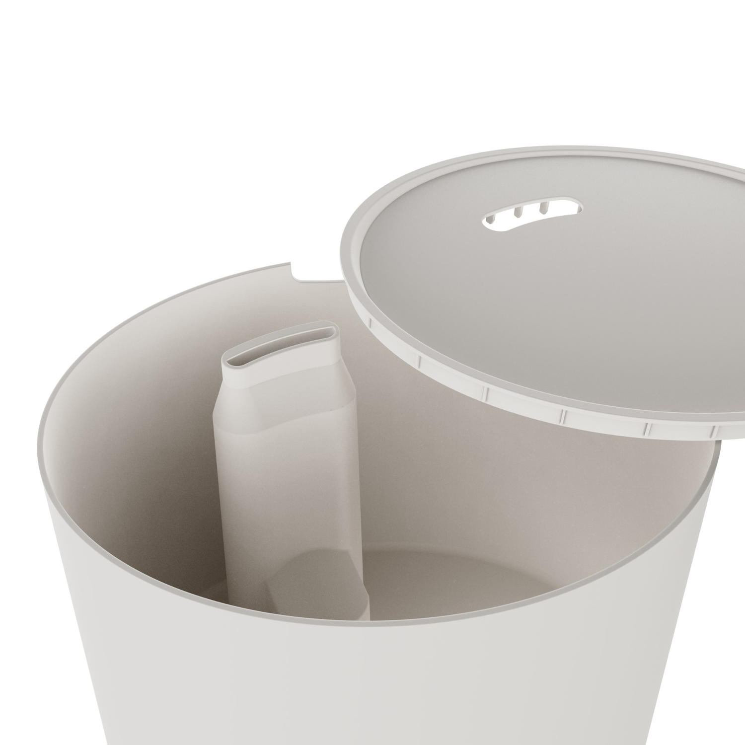 A white trash can with a lid. The lid is open, revealing the inside.