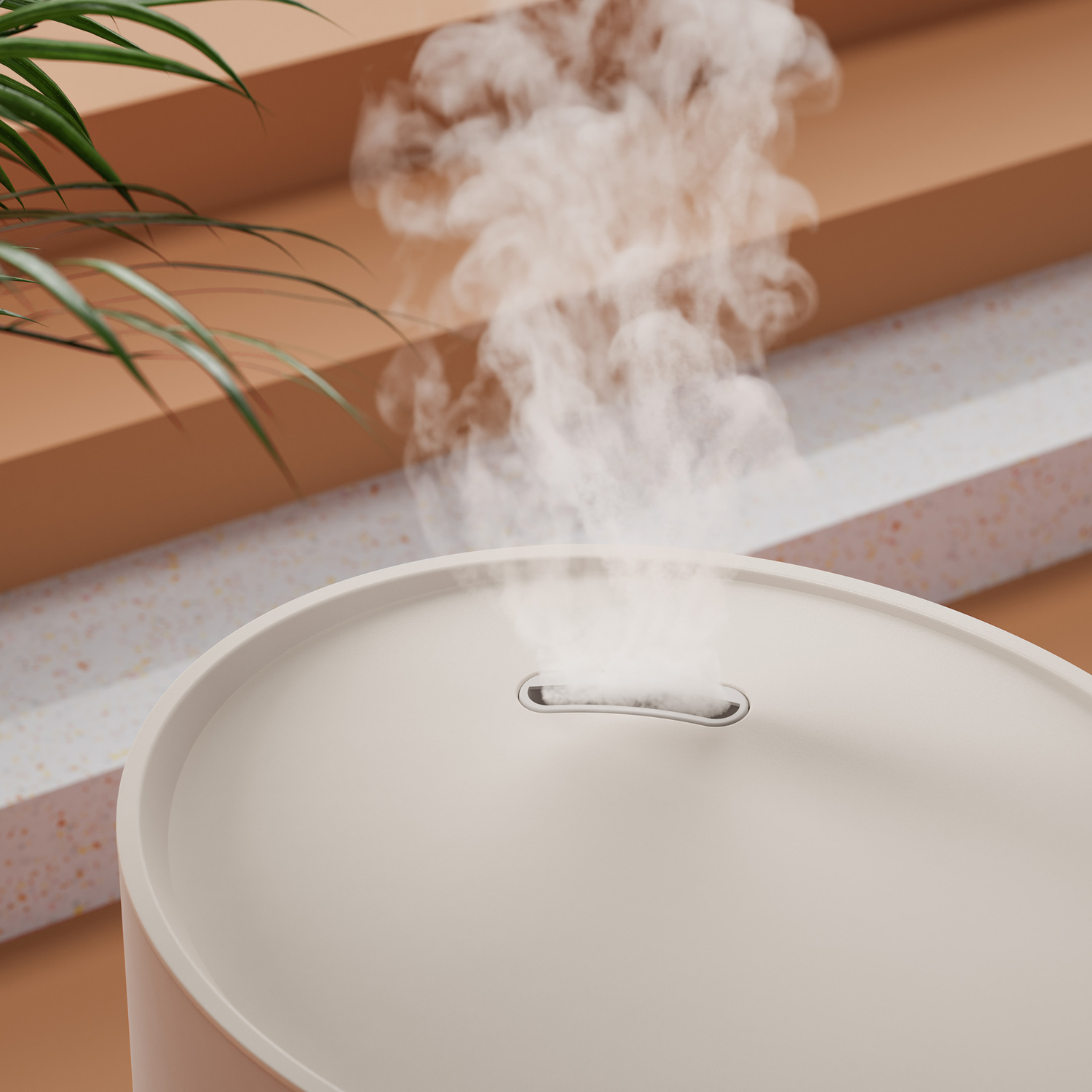 A close-up of a humidifier with steam coming out. It's beige with a curved top.