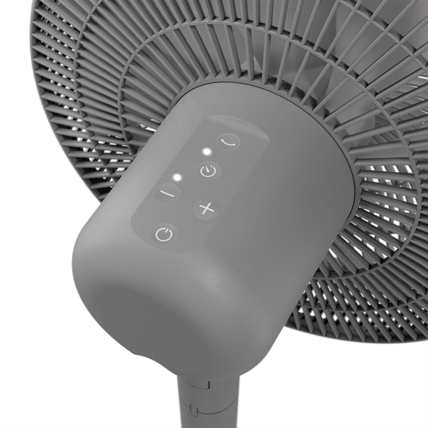Grijs bedieningspaneel van een ventilator met knoppen: aan/uit, modus, timer en osc.