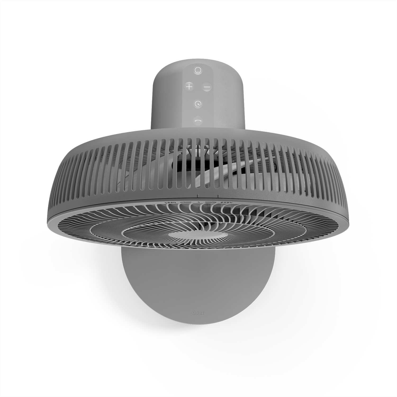 Een grijze ventilator aan de muur gemonteerd. De ventilator heeft een cirkelvormig ontwerp.
