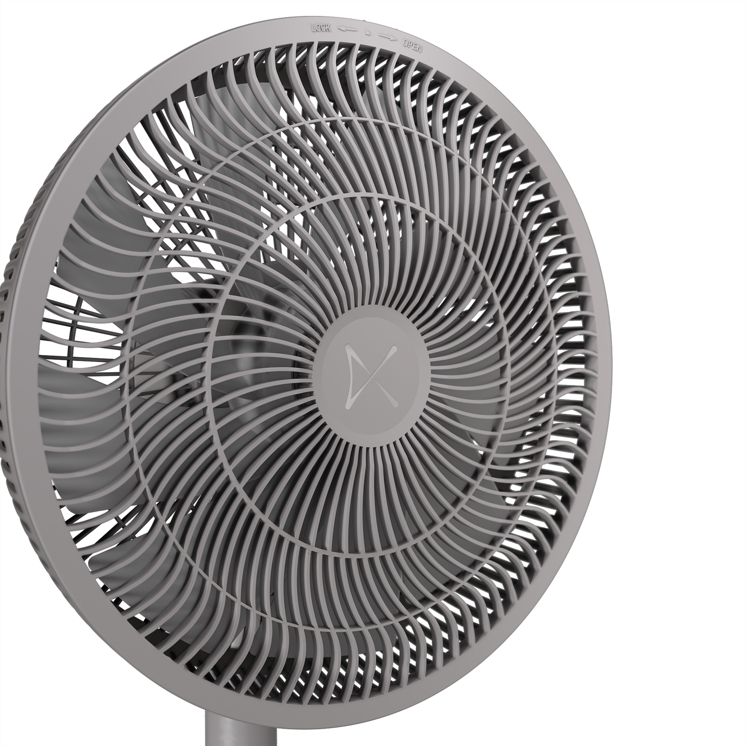 Grijze ventilator met uniek ontwerp, X-logo, witte achtergrond.