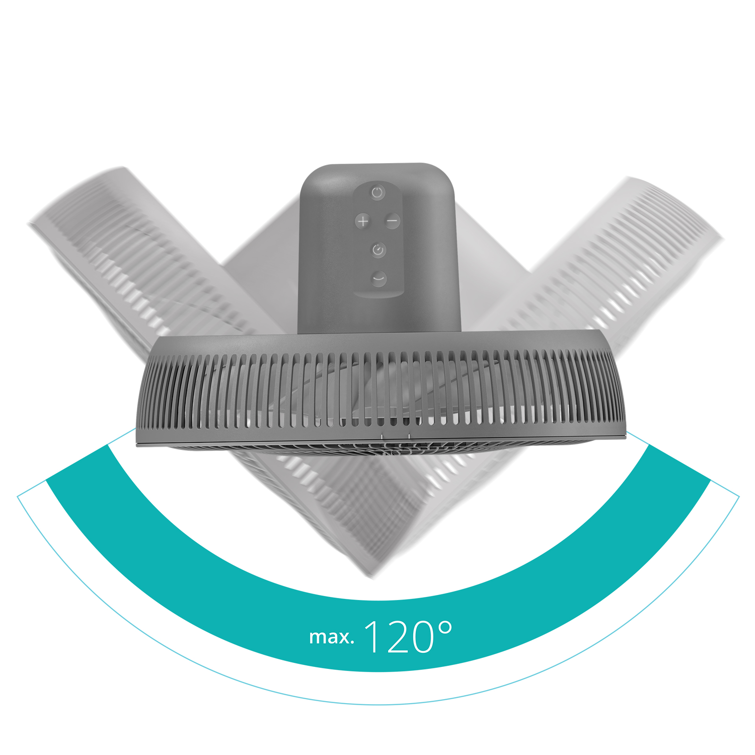 Ventilator met tekst: max. 120°, toont het bereik van de luchtstroom.