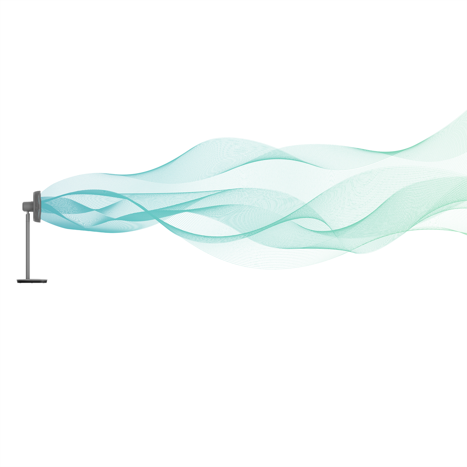 Een grijze ventilator blaast turquoise luchtstromen. De achtergrond is wit. De luchtstromen stromen met gebogen lijnen.
