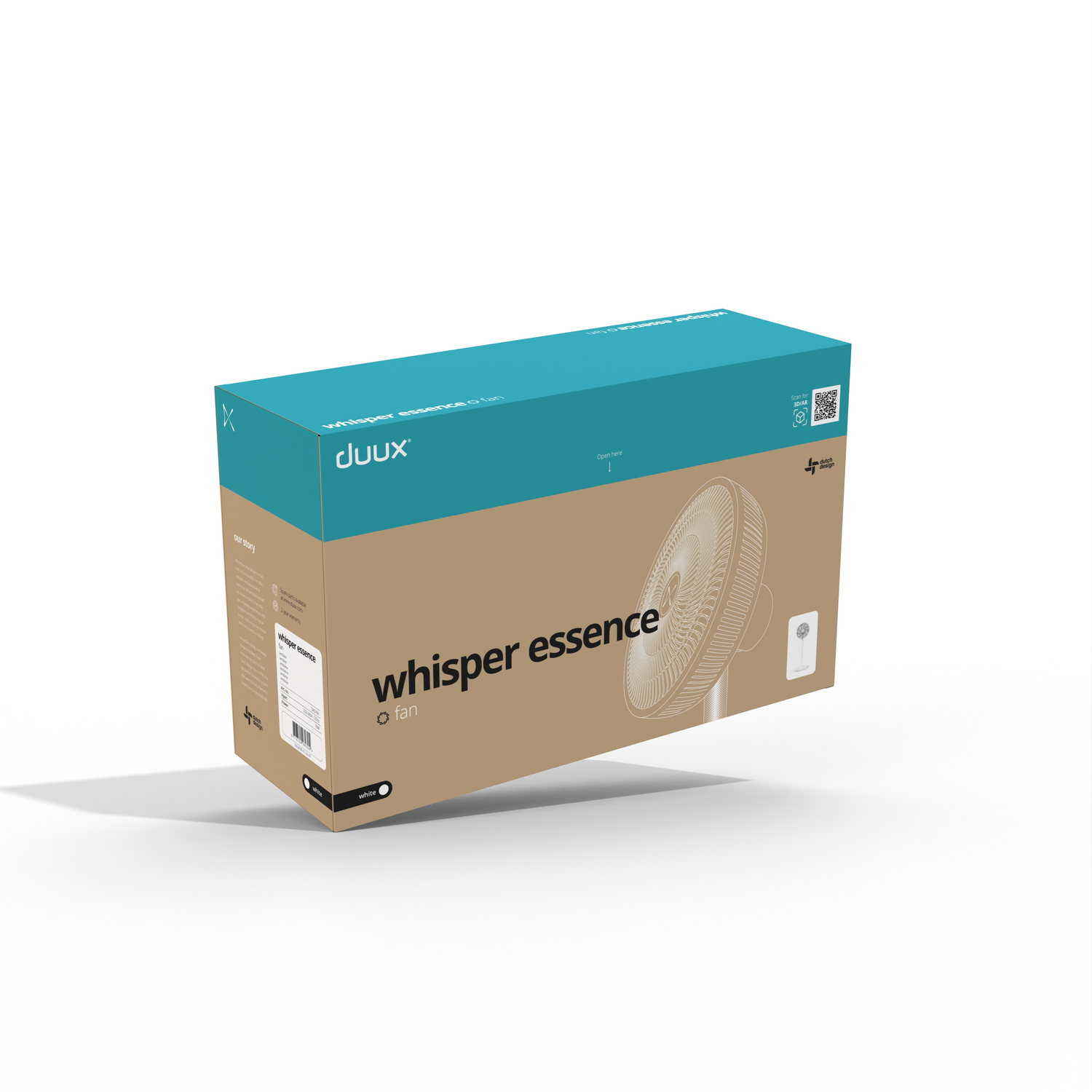 Een doos, duux, whisper essence fan erop, witte achtergrond.