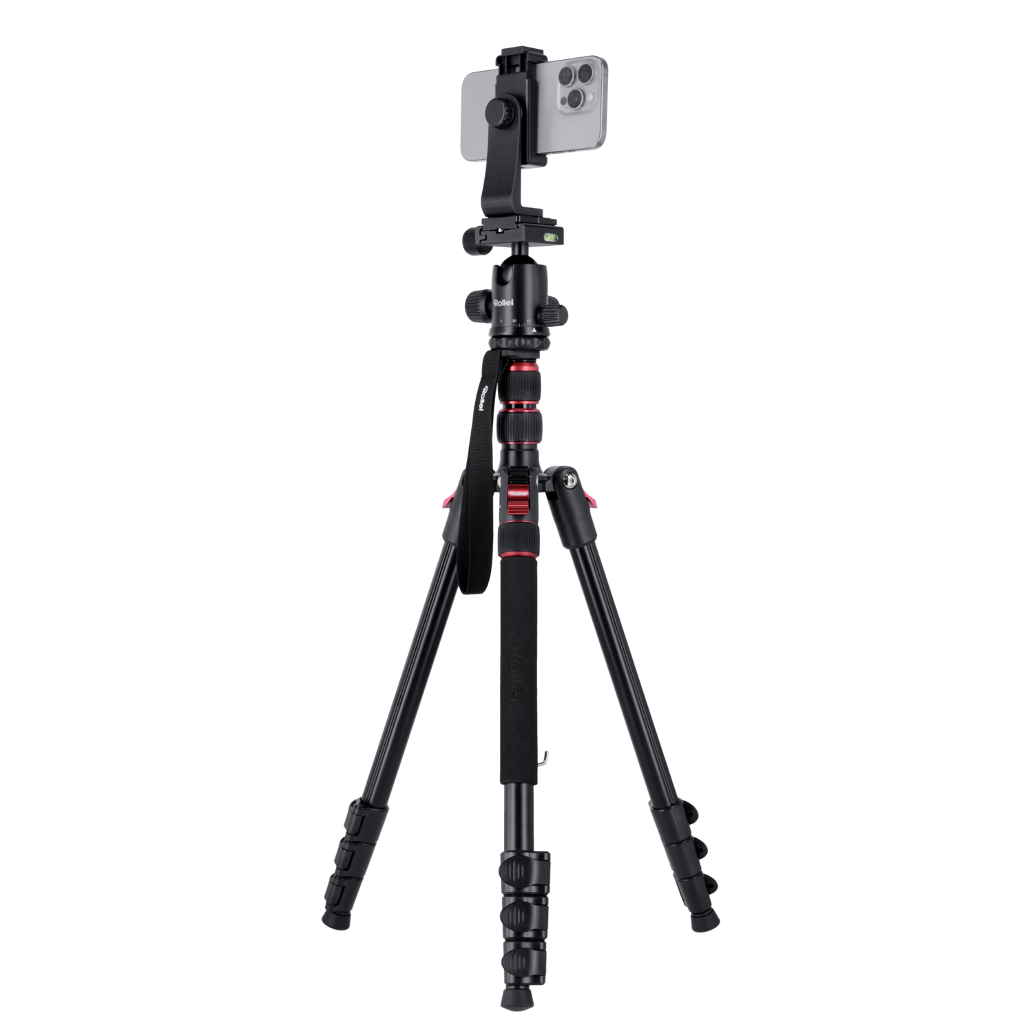 A black tripod with a smartphone mounted on top. Red accents are on the tripod's head and legs. Background is solid black.