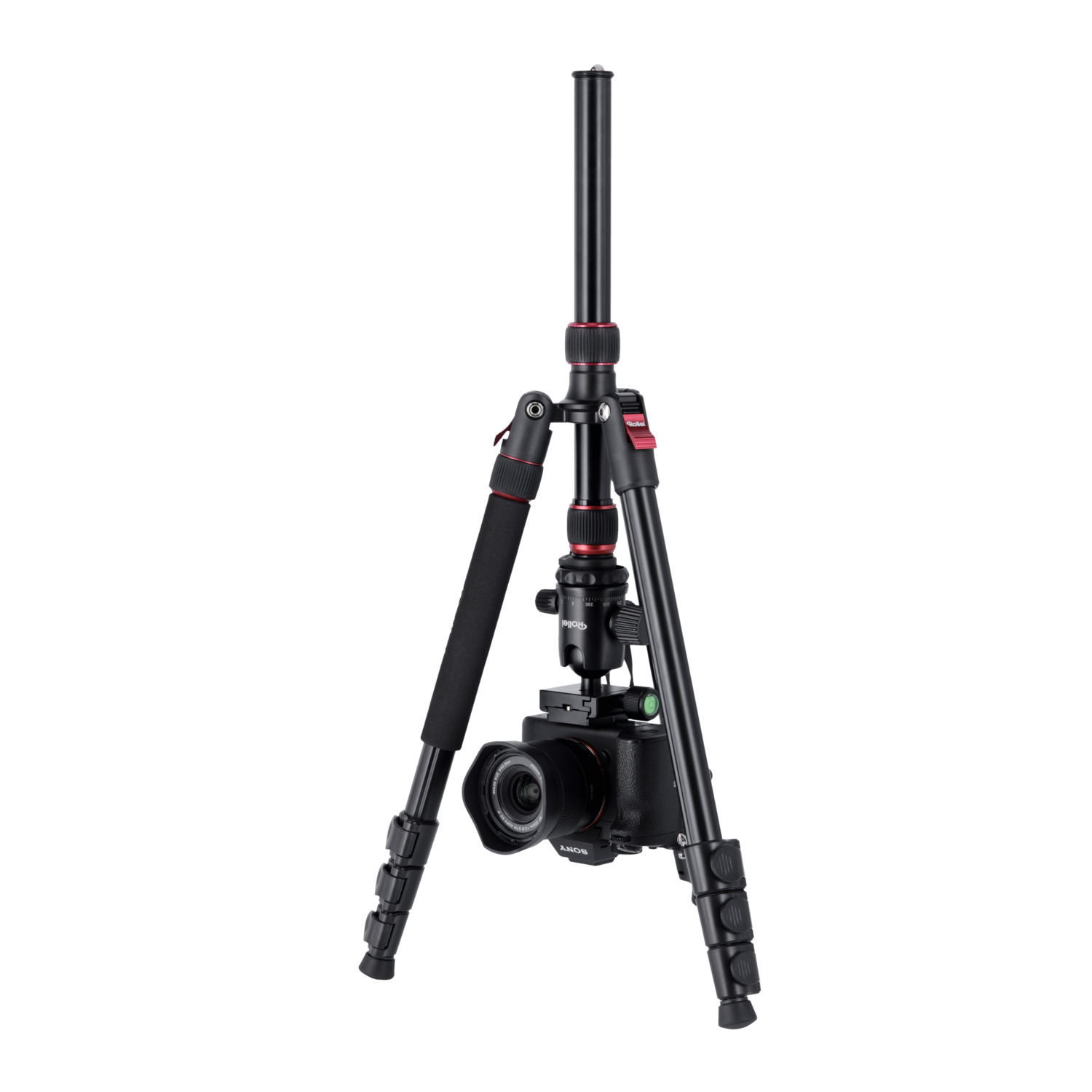 Tripod with a camera mounted, set against a black background.