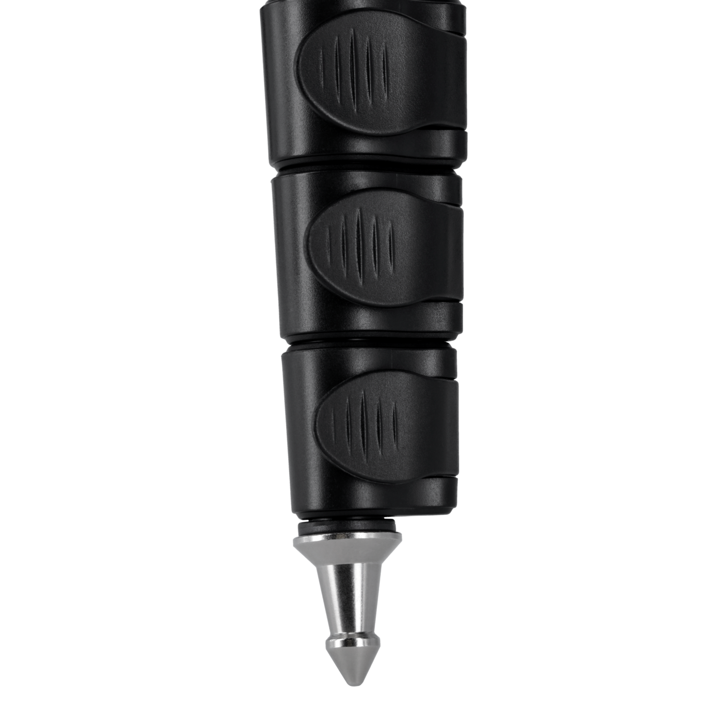 Close-up of black tripod leg sections, with three black locks and a silver tip.