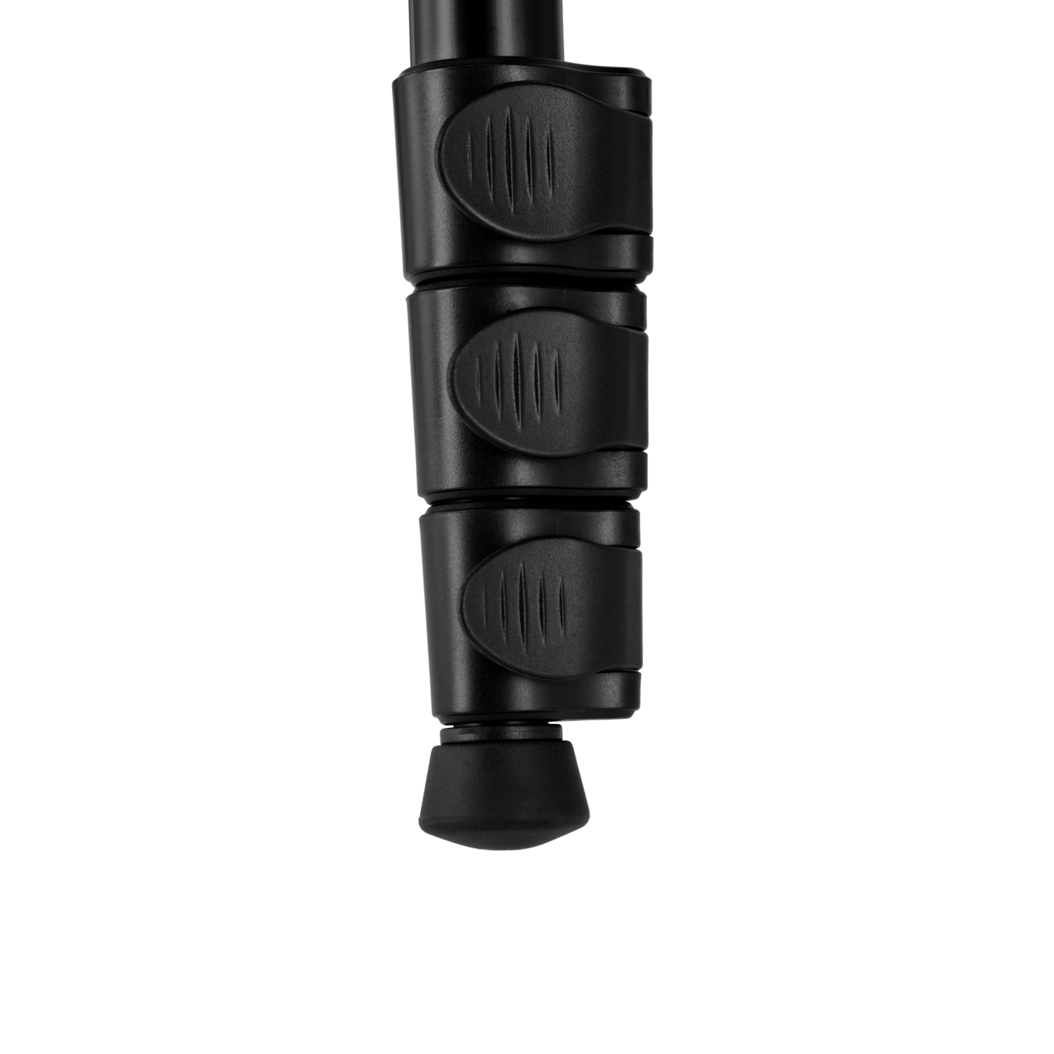 Close-up of a black tripod leg. Three locking clips are visible. The tip of the leg ends in a rubber foot, all against black.