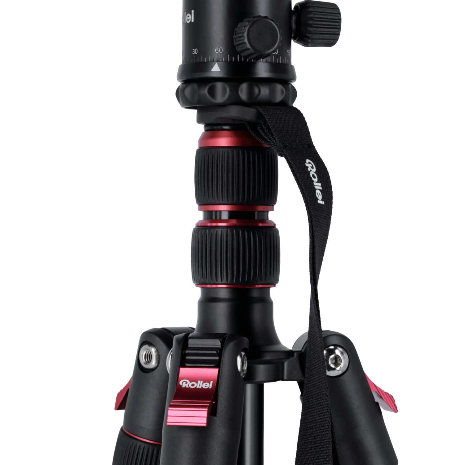 Black tripod, with red accents. Rollei brand logo visible. Black and red color scheme.
