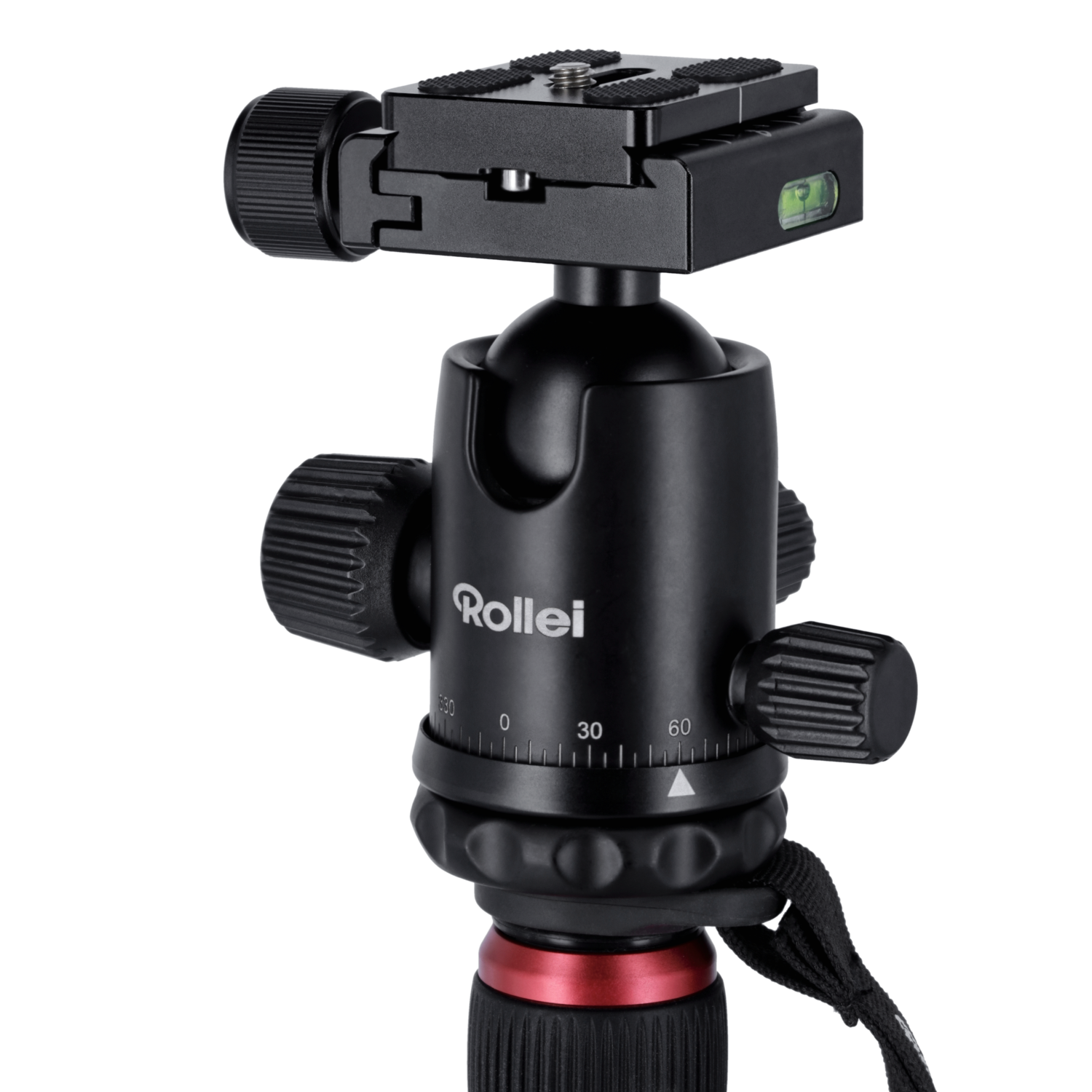 A black tripod head with a ball joint and adjustment knobs.