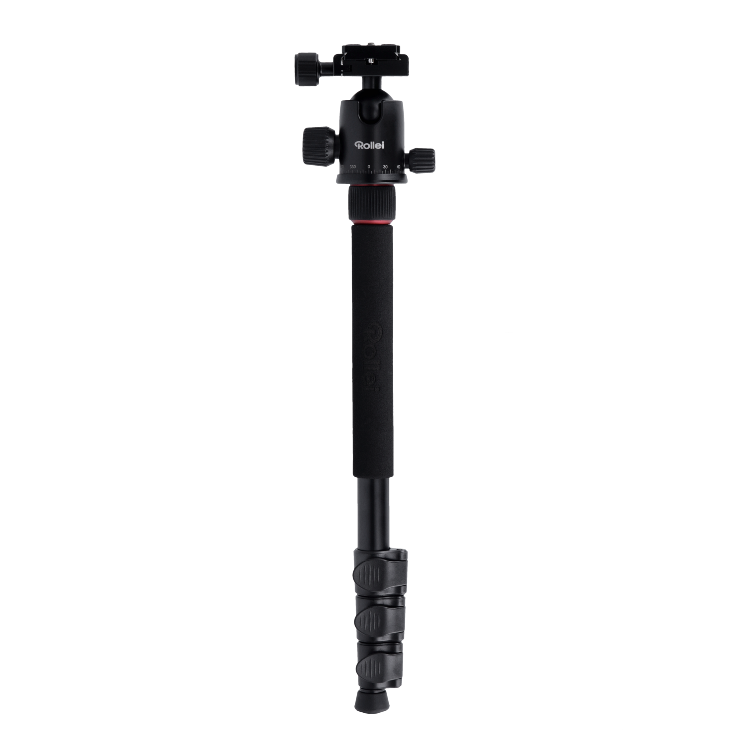 Black Rollei tripod on black background. It has adjustable legs and a head with knobs. 