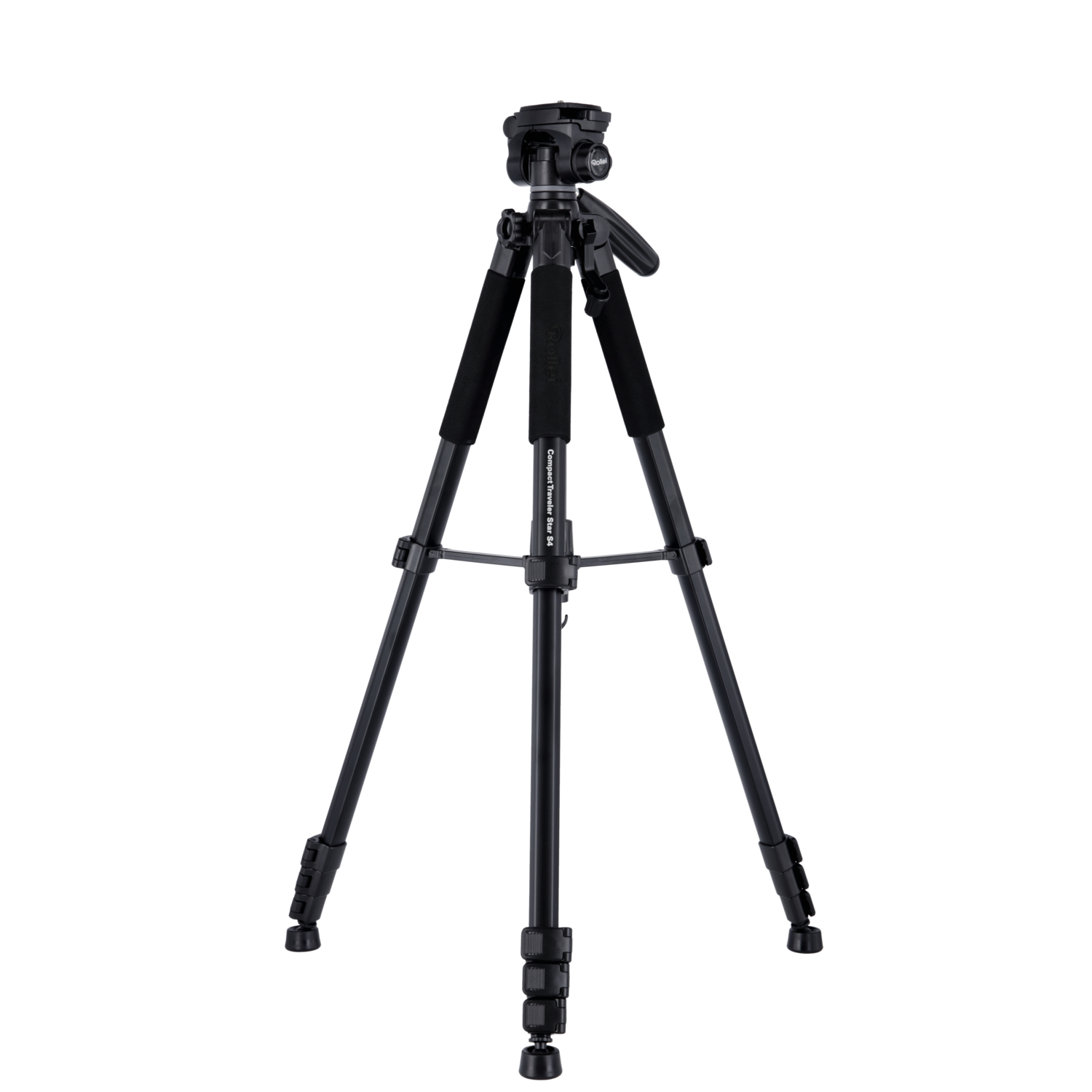 Black tripod with three legs, a head, and a center column. Background is black.