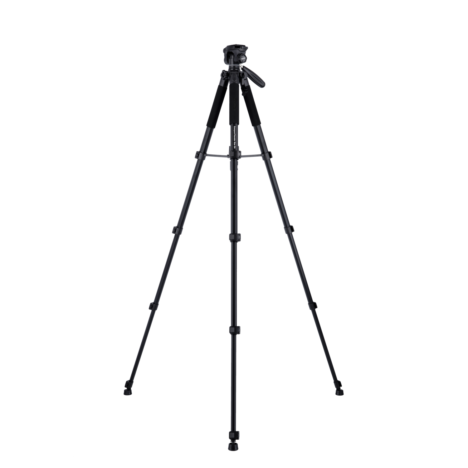 A black tripod stands against a black background. The tripod has adjustable legs and a head.