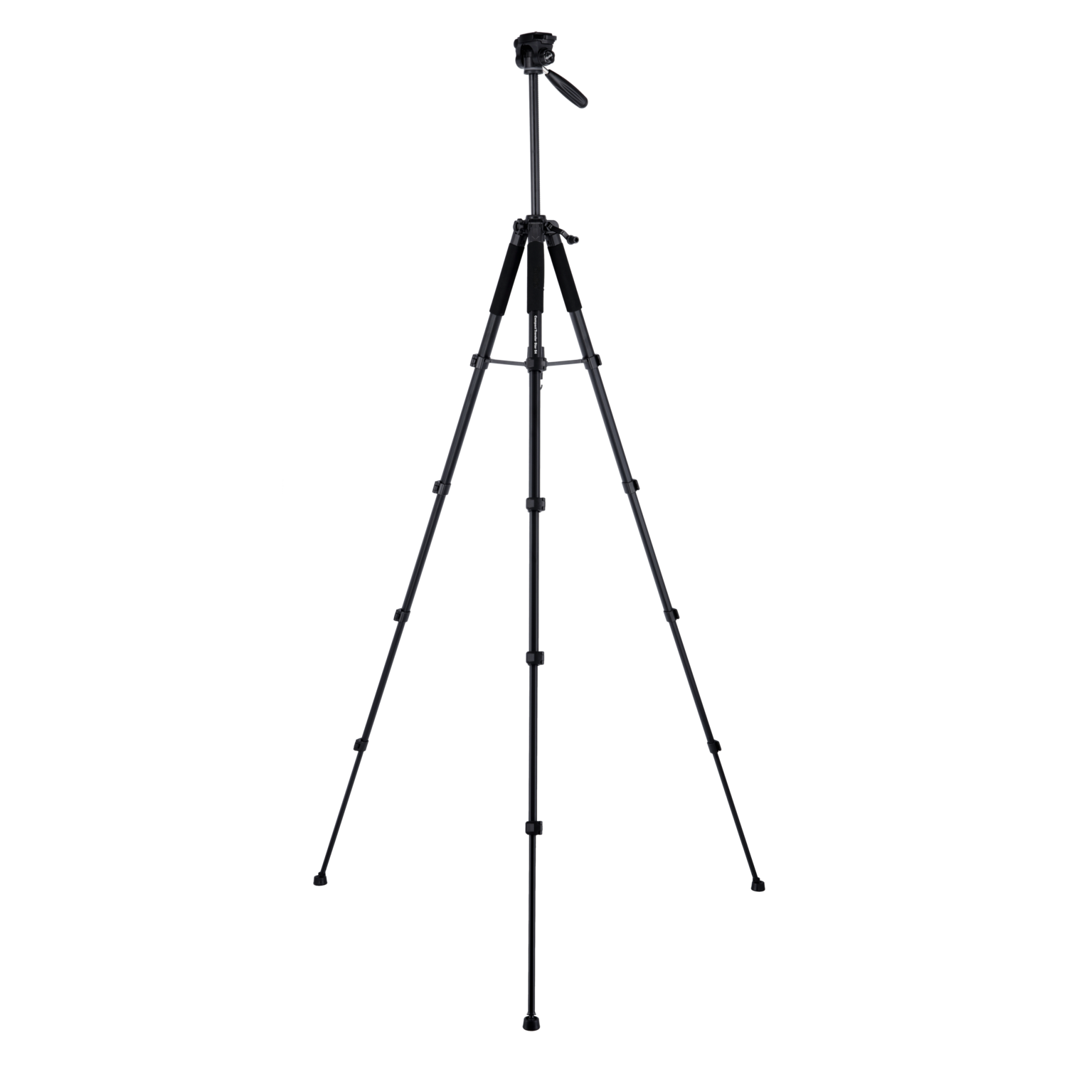 A tall, black tripod with adjustable legs and a head for mounting a camera.