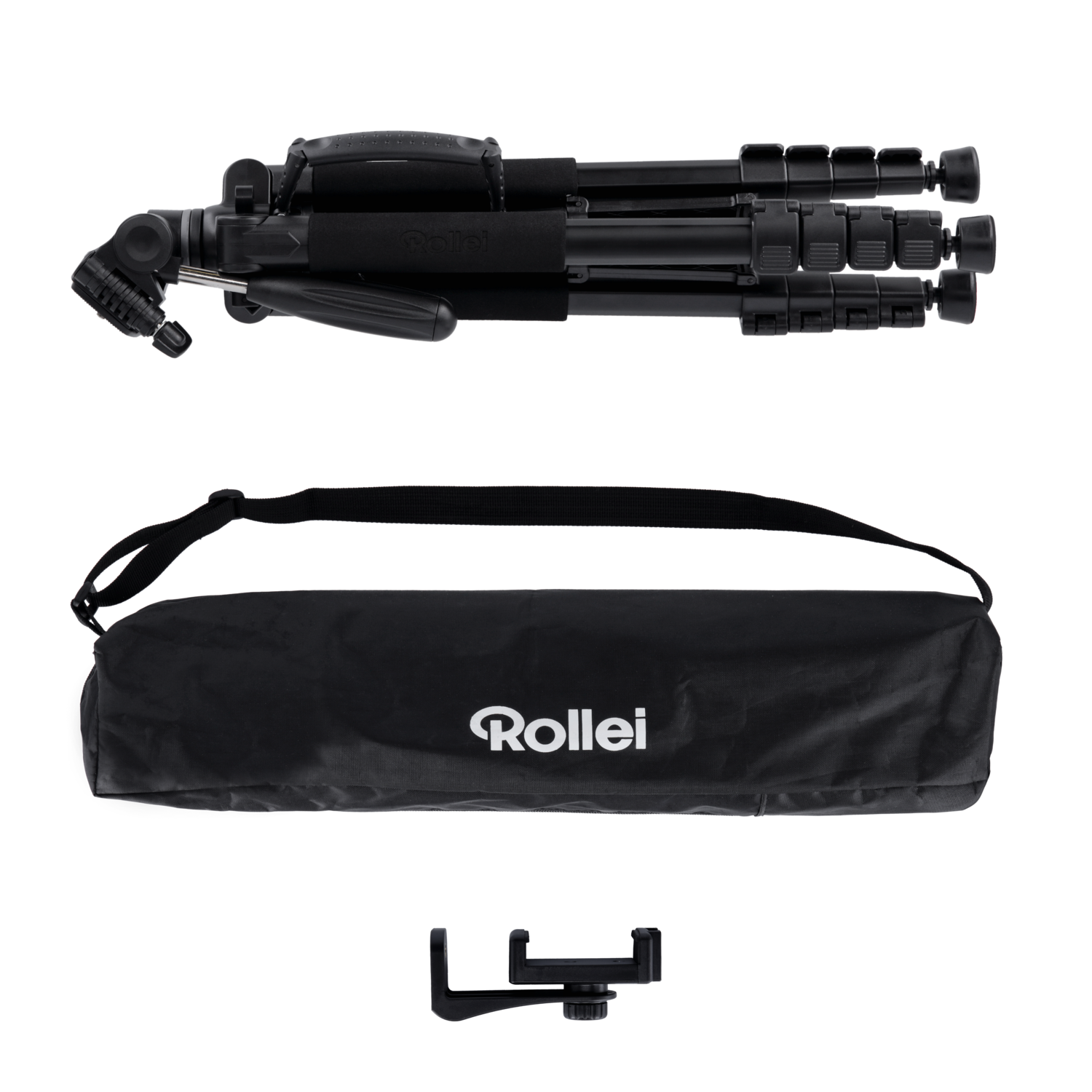 Black Rollei tripod, a black carrying bag, and a phone holder, all on a black background.