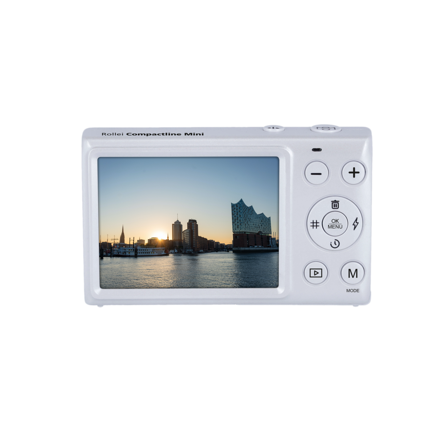 White camera displaying the Elbphilharmonie in Hamburg, Germany.