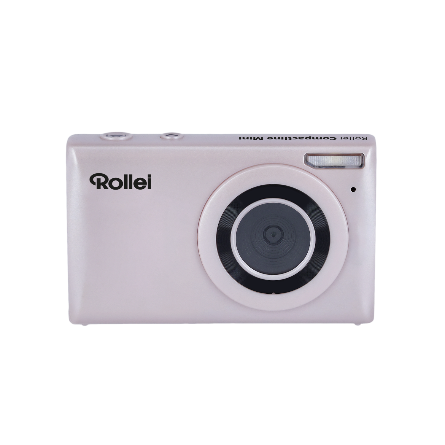 Rollei Compactline Mini camera. Pink. Black circle around the lens, with a flash and a small speaker.