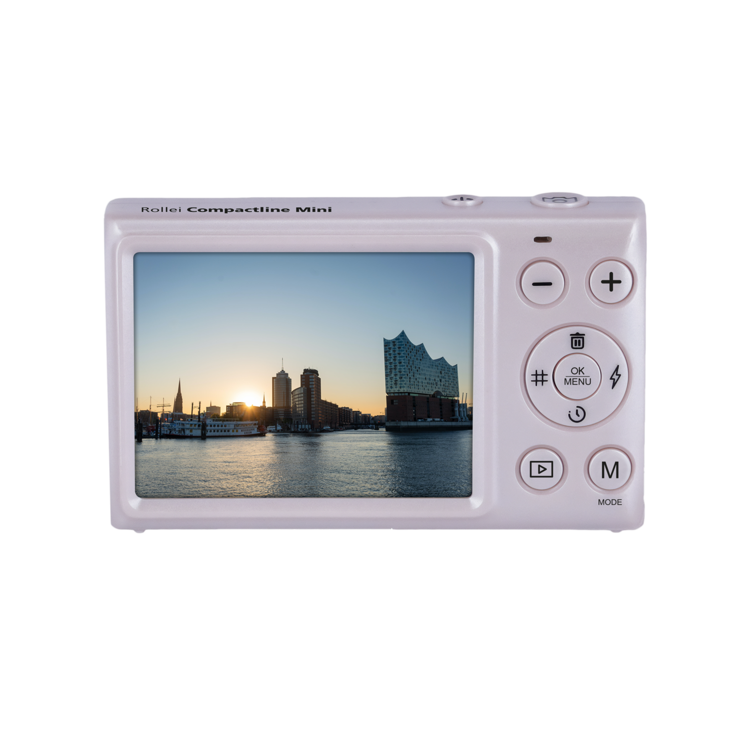 White Rollei camera with sunset screen. Buildings and water visible. Camera with buttons.